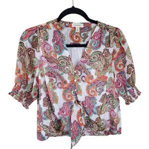 Tamara H. Womens Sz S Multicolor Paisley Short Sleeve Puff Sleeves Blouse